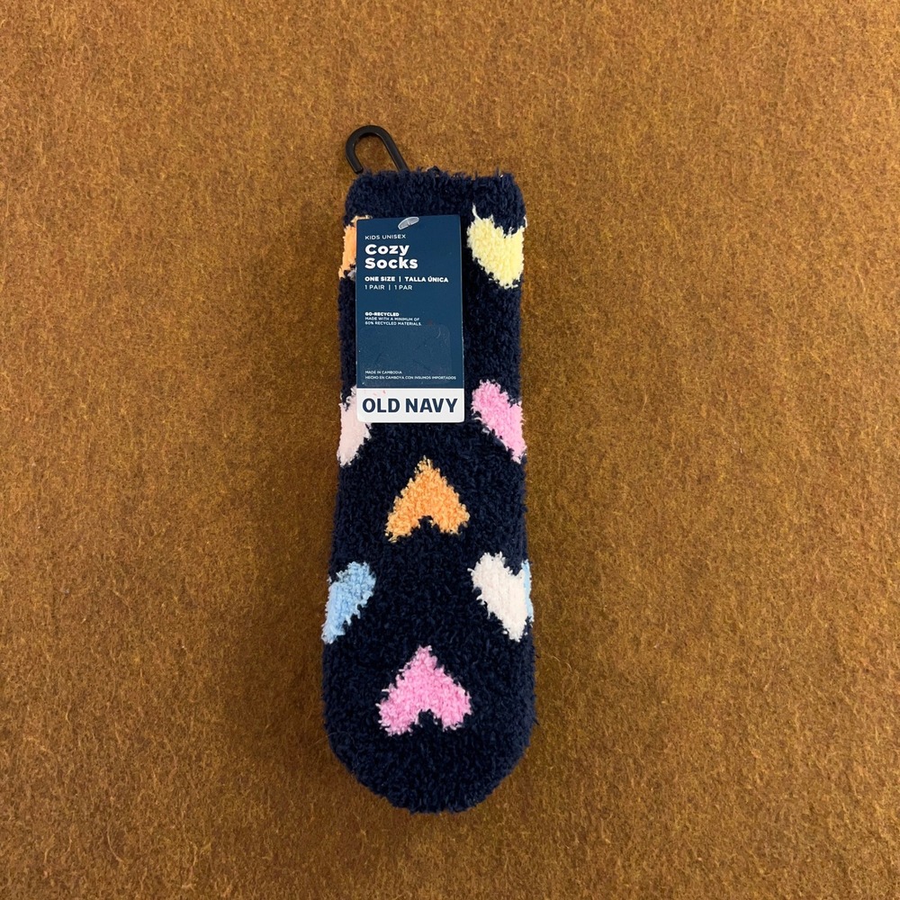Old Navy Kids OS Navy Blue Heart Pattern Fuzzy Gripper Cozy Socks NWT